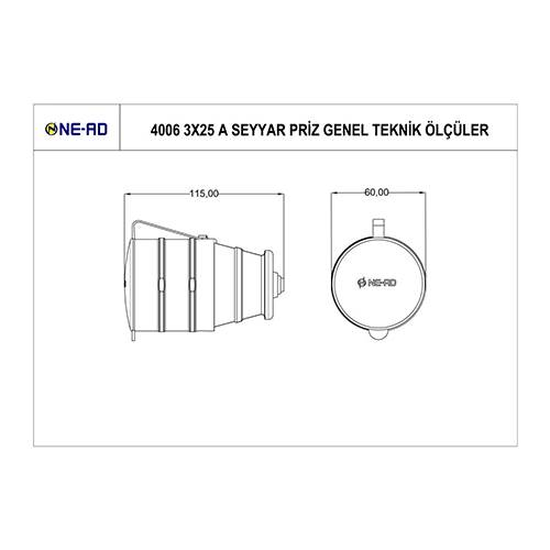 NEAD 3X25A Kauçuk Seyyar Priz - Trifaze 380-400V, Topraklı, Siyah/Gri