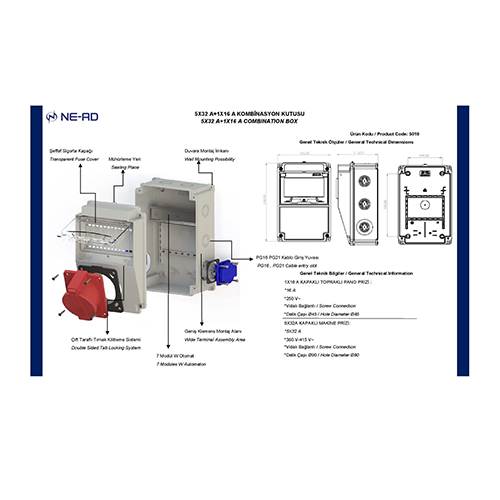 NEAD 5x32A Kombinasyon Priz Seti - 1 Adet 5x32A Önde, 2 Adet 1x16A Yan Modül, Kapaklı Tasarım